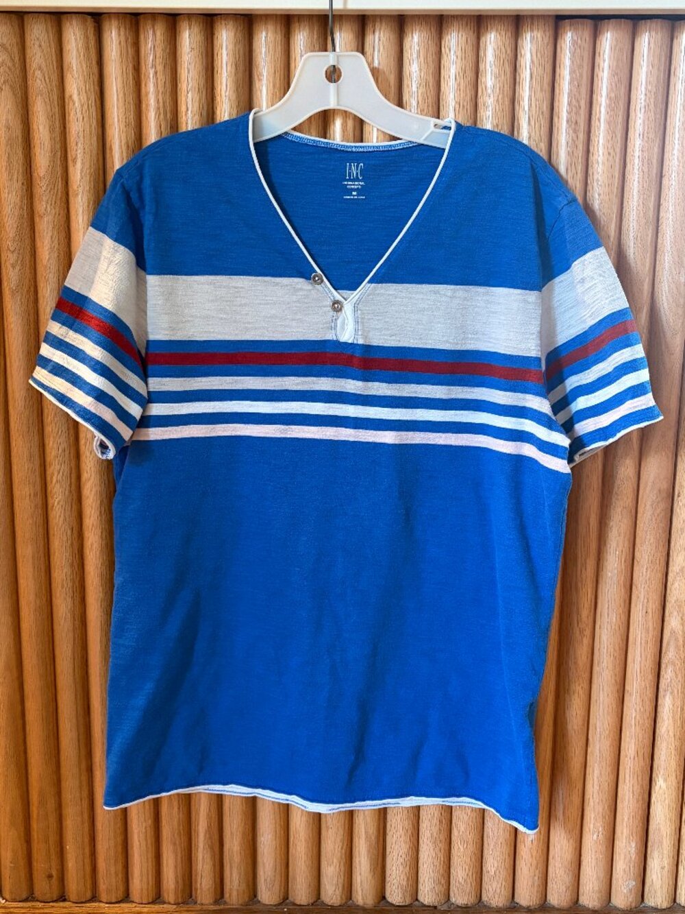 Blue Striped Henley T-Shirt / Casual Nautical Tee with Double Buttons - M